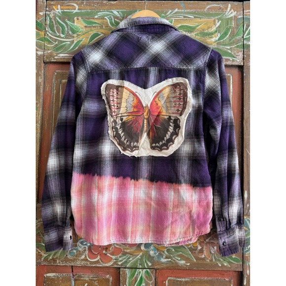 Tops - Upcycled/Reworked Flannel Shirt| Butterfly Vintage Patchwork| Cottage Core| XS